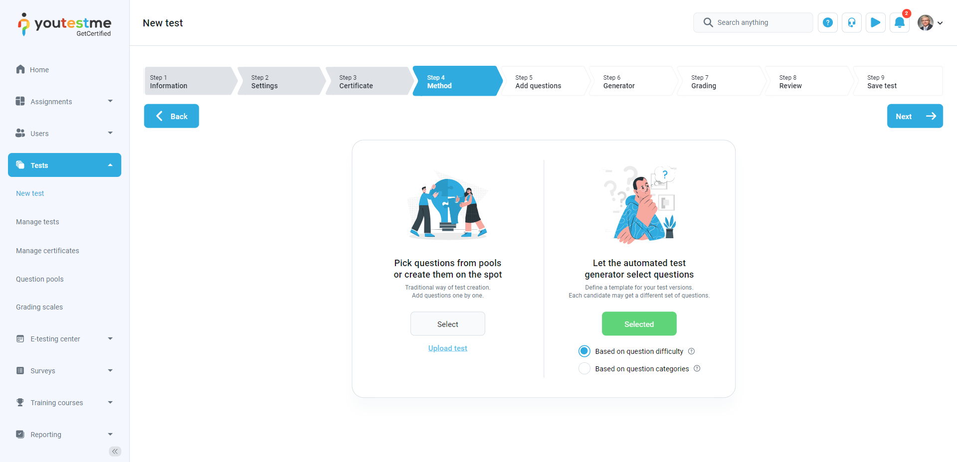 Create and organize exams YouTestMe