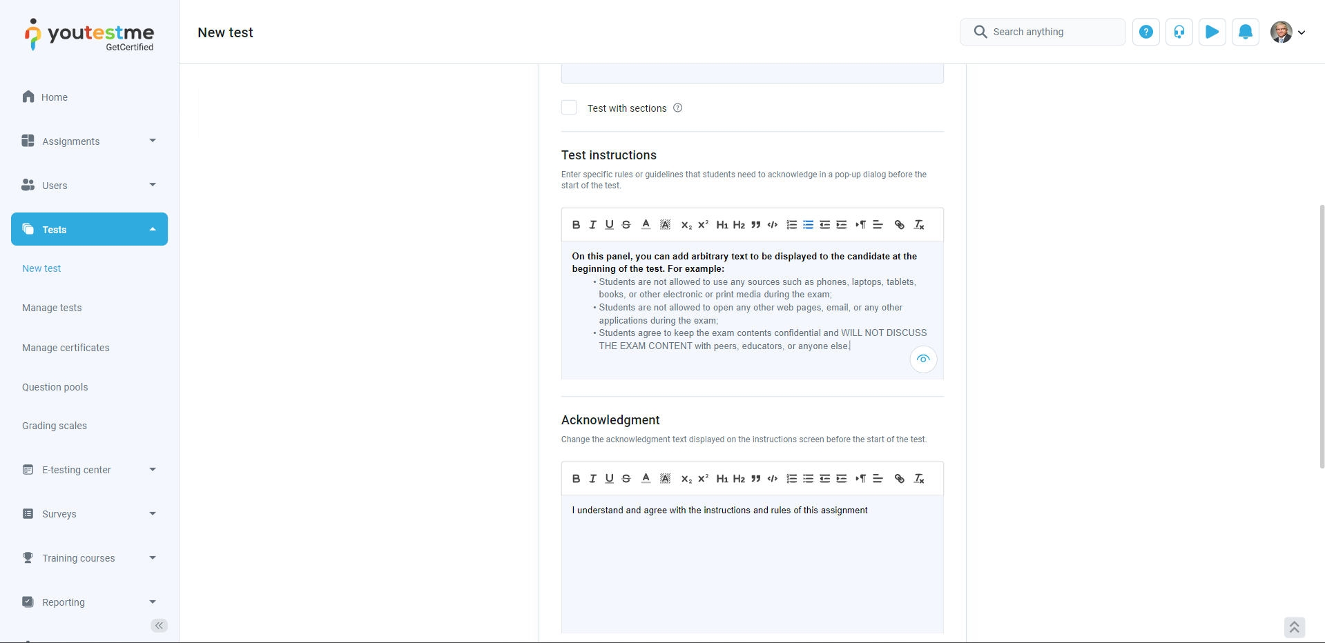 Customize-the-test-instructions-dialog